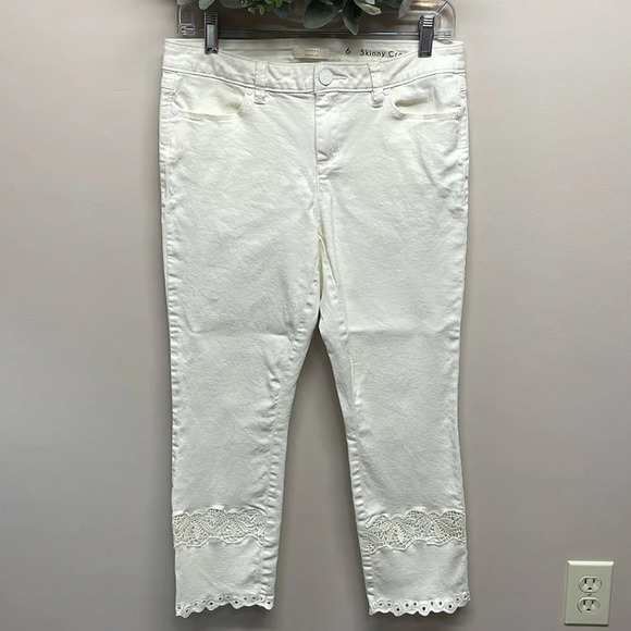 Lauren Conrad Cream Off White Skinny Crop Denim Jeans Embroidered Hem 6 - Picture 1 of 15